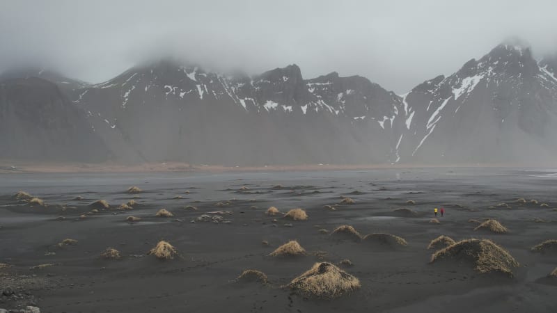 Aerial view of Vestrahorn Mountain in winter in Iceland.