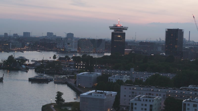 Spectacular Aerial Shot of Amsterdam City Centre at Nightfall