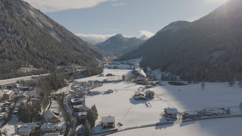 Winter Aerial View of Flachau, Austria on a sunny day
