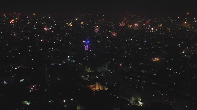 Aerial view of fireworks at night in Dhaka, Bangladesh.