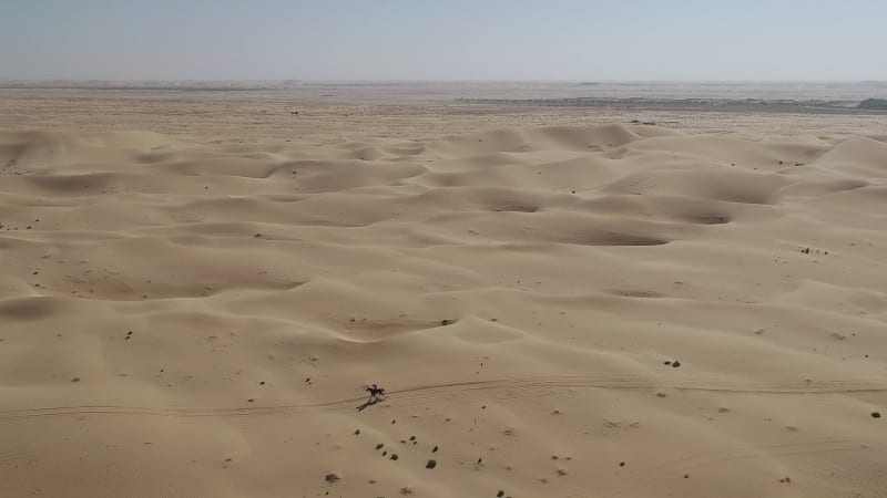 Aerial view of one person riding horse in the desert of Al Khatim.