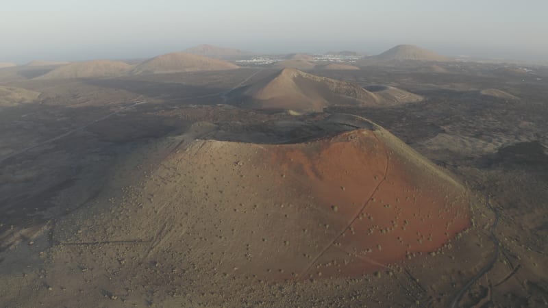 Aerial view of volcanic formation on Lanzarote island, Canary Islands, Spain.