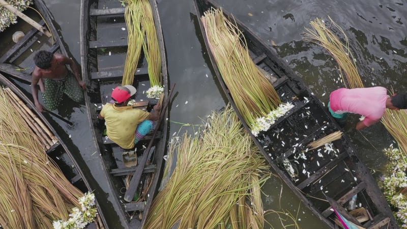 Aerial view of traditional fishing boats in Chittagong, Bangladesh.