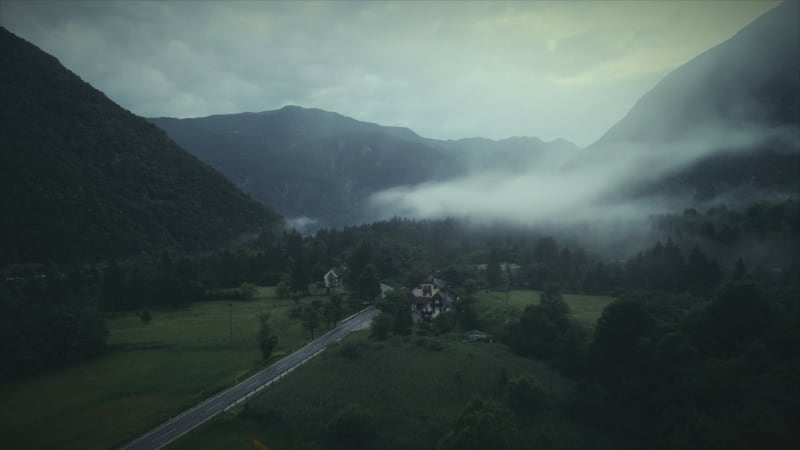 Aerial view of misty valley in the Soca.