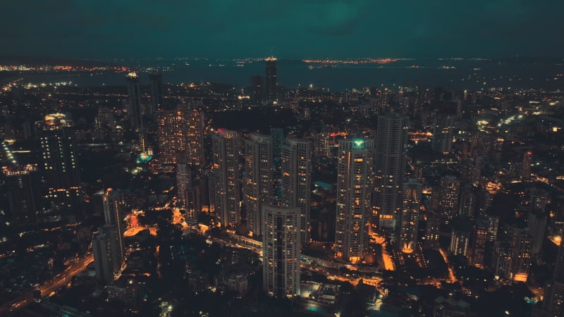 Aerial View of Mumbai City in the night on the coast, Mahalakshmi, Mumbai.