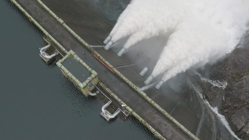 Water Pumped Through a Hydroelectric Power Station Dam Slow Motion