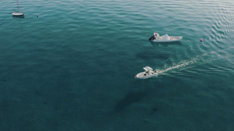 Aerial view of speedboats in the Ionian Sea, Calabria, Italy.