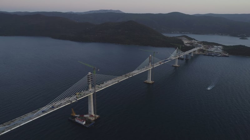 Aerial view of Peljeski bridge, Ston in Croatia.