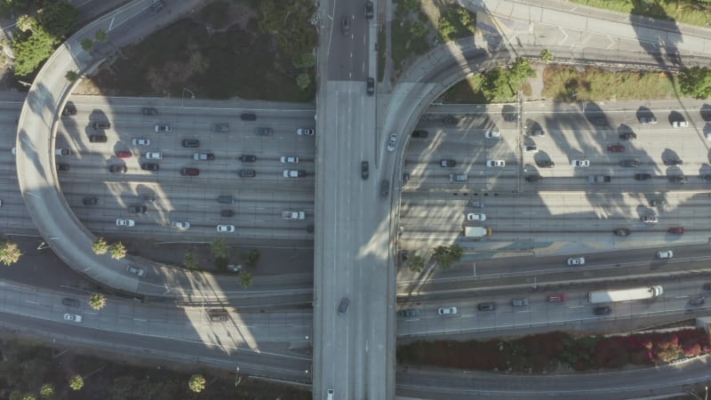 Aerial Birds Eye Overhead Top Down View of Intersection traffic with palm trees and next to of Downtown Los Angeles, California looking down