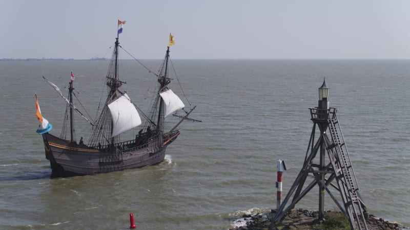 Aerial View of De Halve Maen Ship Replica Sailing