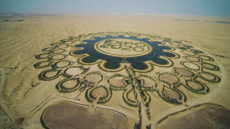 Aerial view of Dubai Expo 2020 artistic shape, United Arab Emirates.