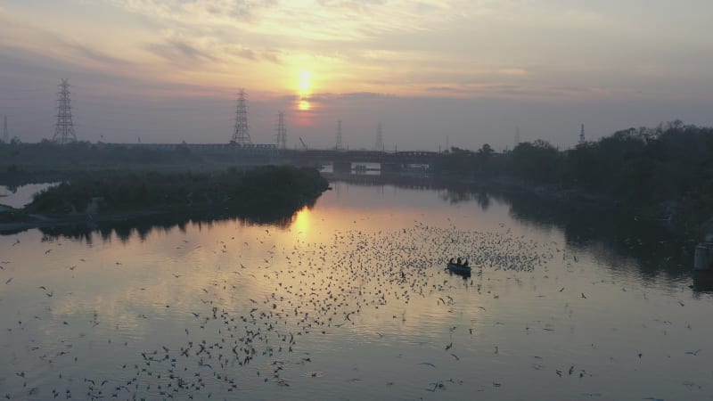 Aerial view of people feeding birds on boats at Yamuna river in Delhi, India.