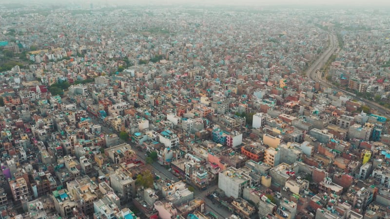 Aerial view of houses and buildings in Delhi.