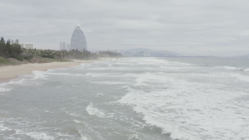 Aerial view of a beach in Xiamen facing the China sea, Fujian, China.