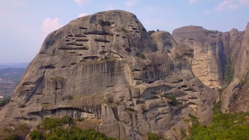 Aerial view of rocks near the Roussanou Monastery in Meteora.