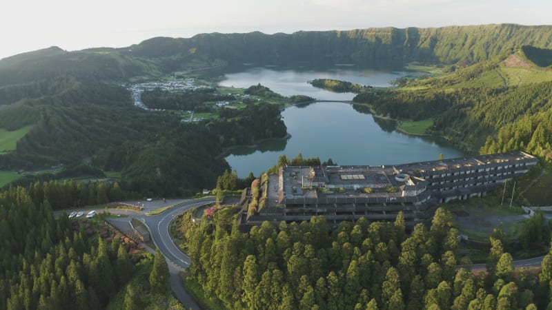 Aerial view of Monte Palace hotel an abandoned building near near Lagoa Verde.