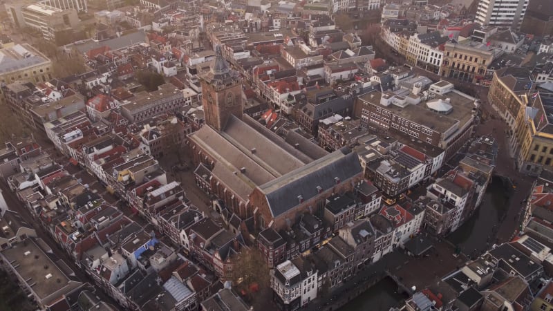 Aerial rising shot over Buurkerk city center in Utrecht, Netherlands