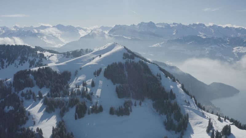 Aerial view of mountain peak in wintertime, Lucerne, Switzerland.