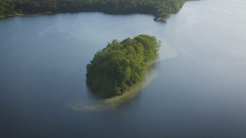 Aerial view of a wooded island on the lake