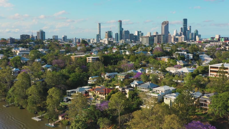 Aerial view of Houses along the Brisbane River, Brisbane.