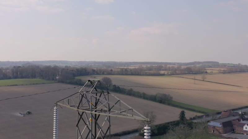 High Voltage Electrical Pylon Close Up Aerial View