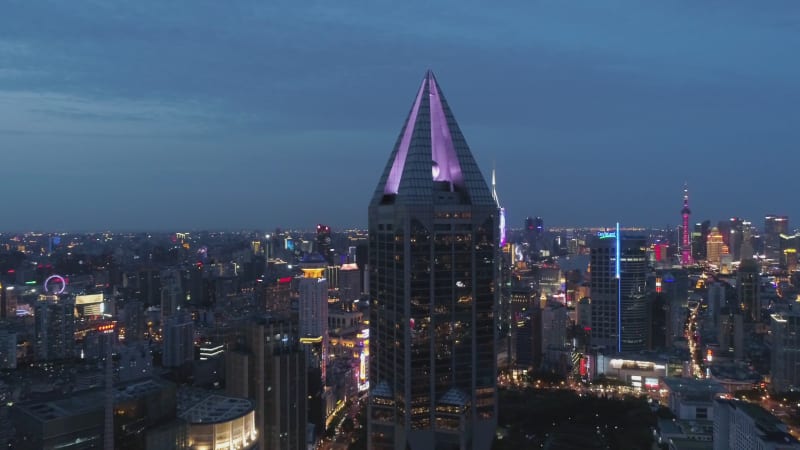 Aerial view of Shanghai downtown at night, China.