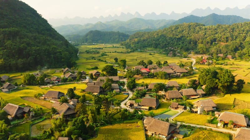 Aerial View of Ha Giang Village among the mountains, Vietnam.