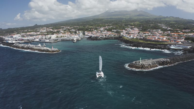 Aerial View of Sailboat in a regatta off the coast of Matriz, Azores, Portugal.