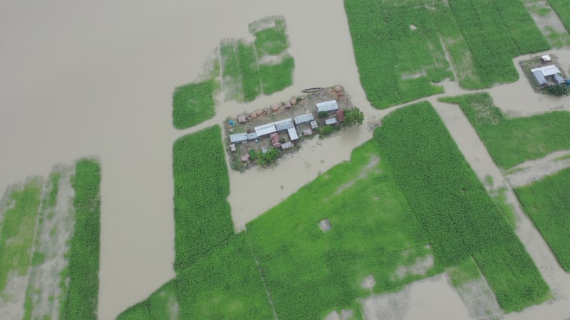 Aerial view of a residential district in Keraniganj flooded by monsoon rains in Dhaka province, Bangladesh.