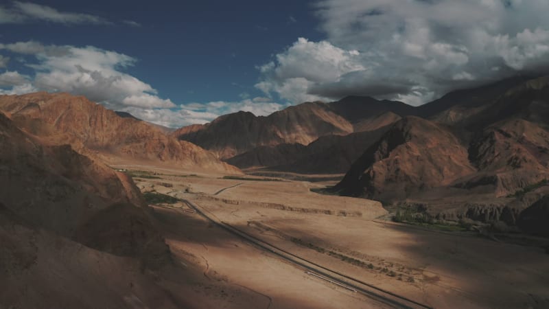 Aerial view of a road crossing a Valley, Ladakh region, India.