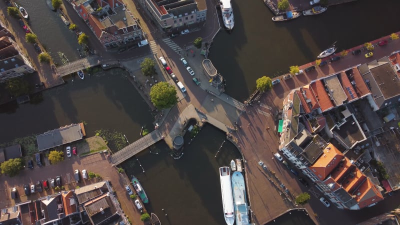 Water canals and bridges in Leiden, South Holland, Netherlands.