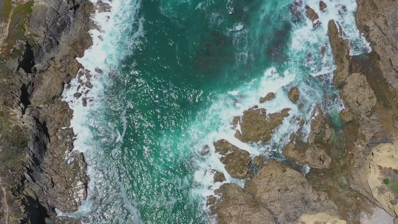 Aerial view of rocks in waves, Portugal.