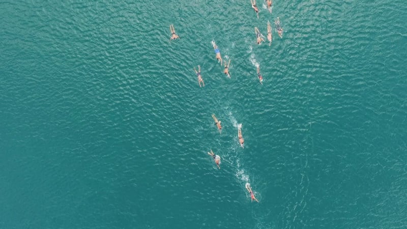 Aerial view of a group swimming at ocean water during competiti.