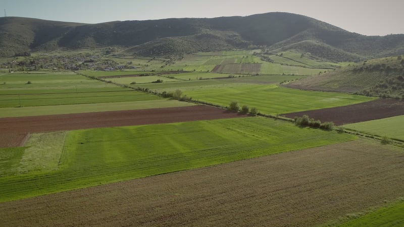 Aerial view of grass fields surrounded by vegetation and hills.