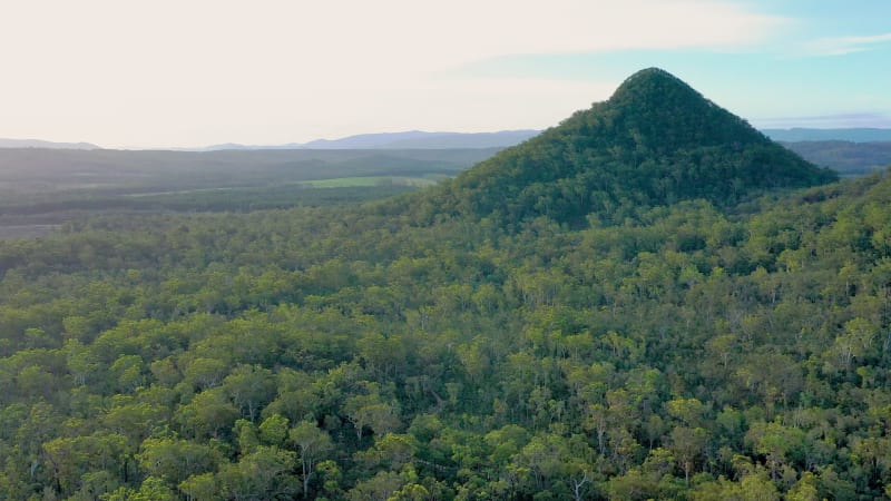 Aerial view of Mt Tunbubudla, Glass House Mountains, Queensland, Australia.