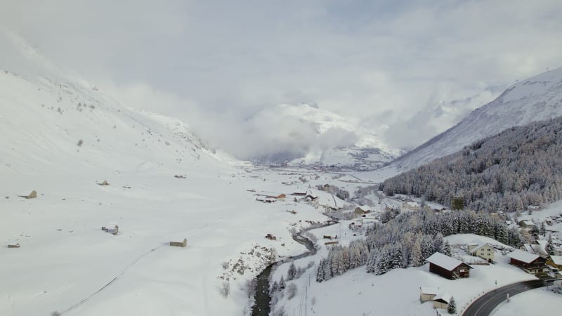 Snow Covered Hospental Village in Switzerland in the Winter