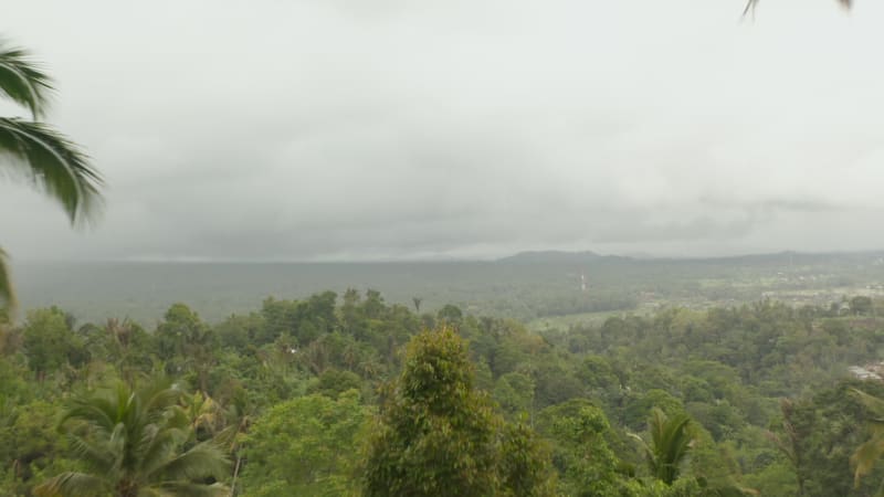 Reveal of a small rural village in the rainforest of Bali. Residential houses on the side of the hill surrounded by thick wild jungle