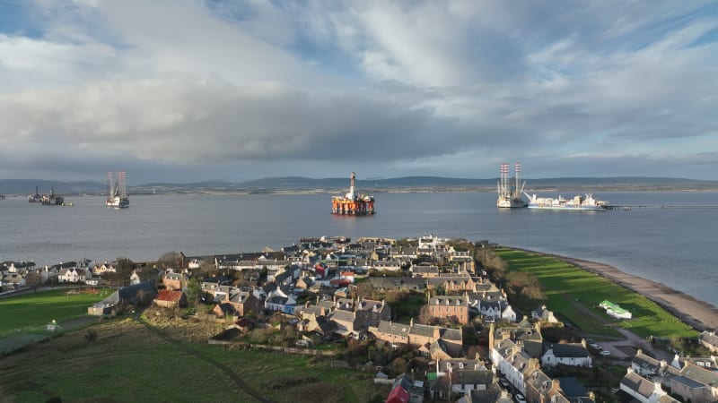 Oil Rigs in the Distance Beyond Cromarty Town in Scotland