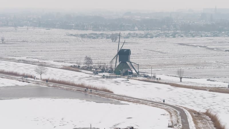 Aerial Winter View of Kinderdijk, Netherlands