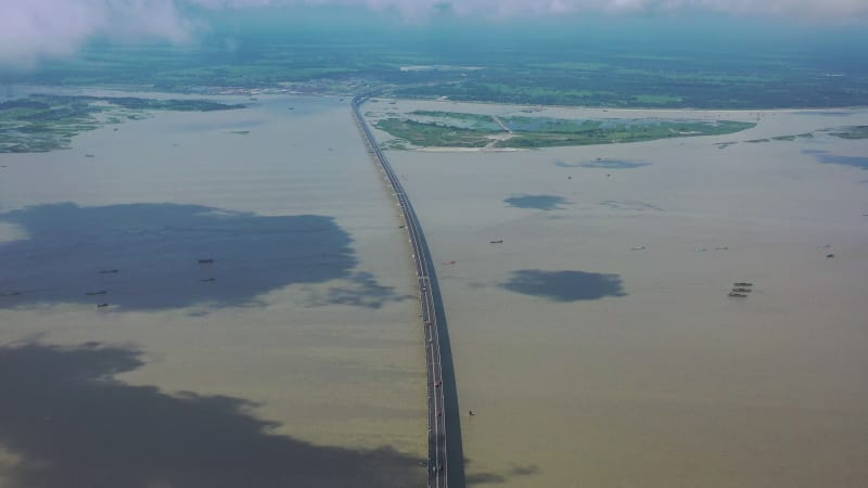 Aerial view of Padma bridge, over the Padma river by day, Dhaka, Bangladesh.