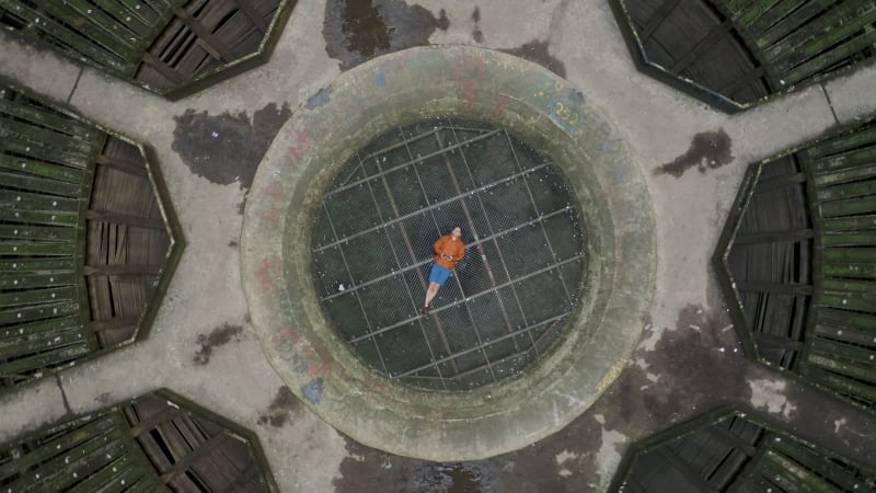 Aerial view of a man in a Power Plant, Charleroi, Belgium.