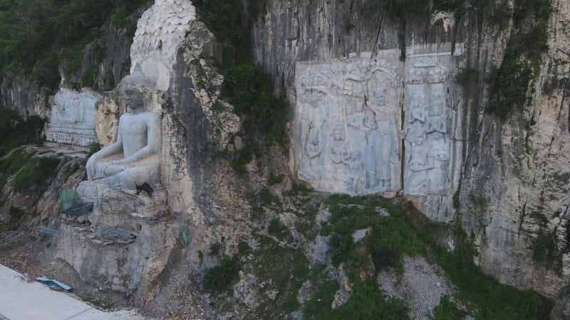 Aerial view of Buddha statue in Phnom Sampov, Battambang, Cambodia.