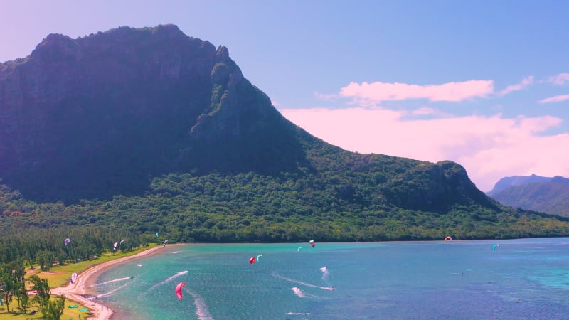 Aerial view of kitesurfing, Le Morne, Mauritius.