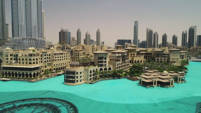 Aerial high-dynamic-range image of the Dubai fountain.