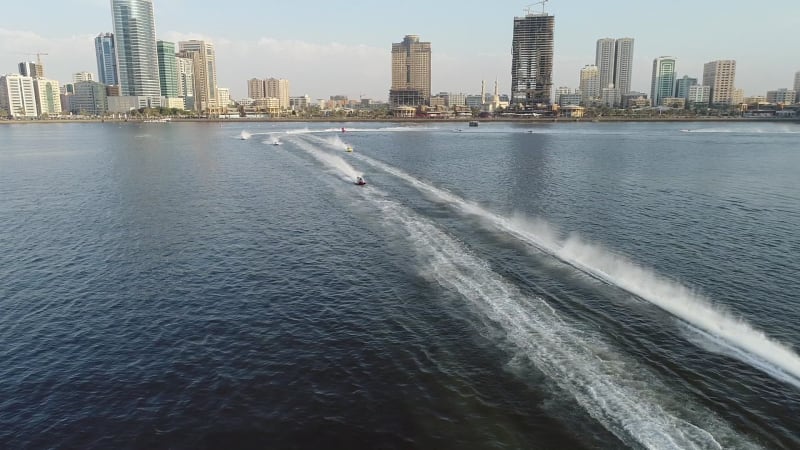 Aerial view of speed boats during the race in Khalid lake.