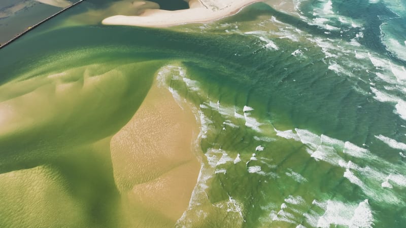 Aerial view of the coastline near Manning River, New South Wales, Australia.