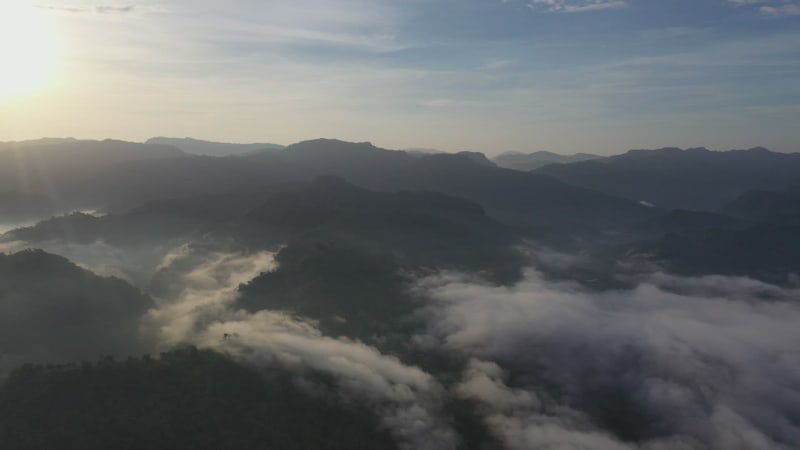 Aerial view of mountain landscape with clouds, Chittagong, Bangladesh.