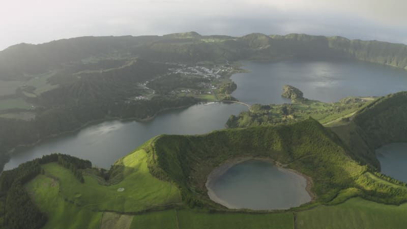 Aerial view of Lagoa Azul lake on San Miguel Island archipelagos.