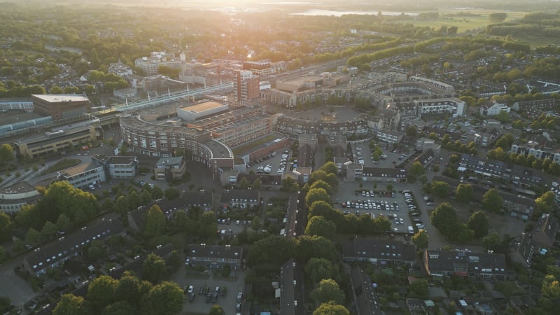 Aerial View of Houten's City Centre During Sunset in the Netherlands