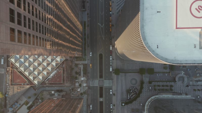 In between Skyscrapers of a big City, Los Angeles California with Rooftop View, Birds Eye Overhead Top Down Wide Shot